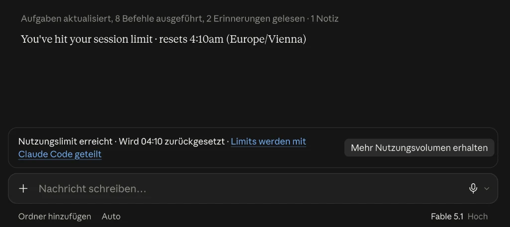 Claude Cowork Nutzungslimit erreicht mit Fable 5.1 Hoch